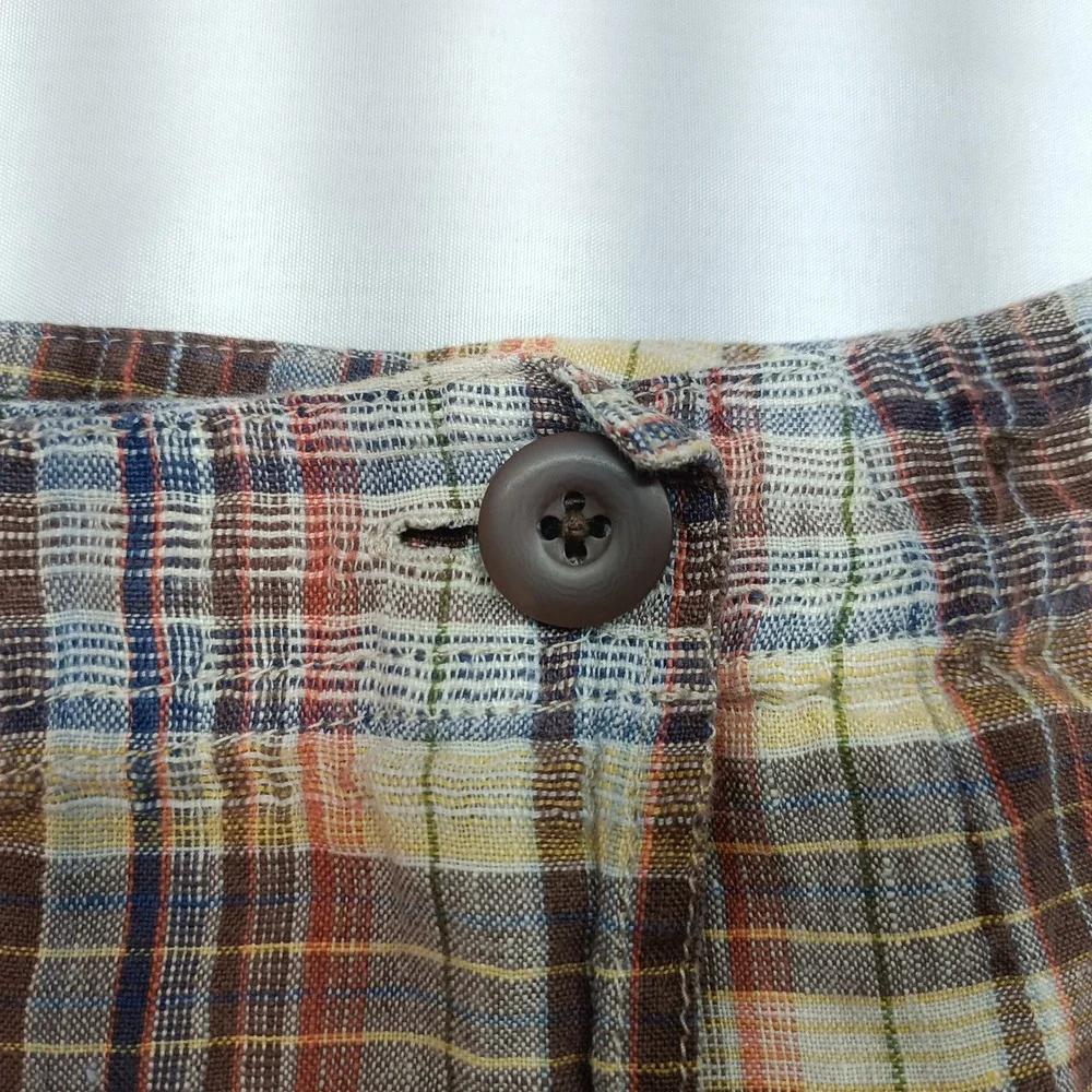 Eddie Bauer Women 4P Petite Plaid Linen Wrap Midi Skirt Brown Orange Blue Casual